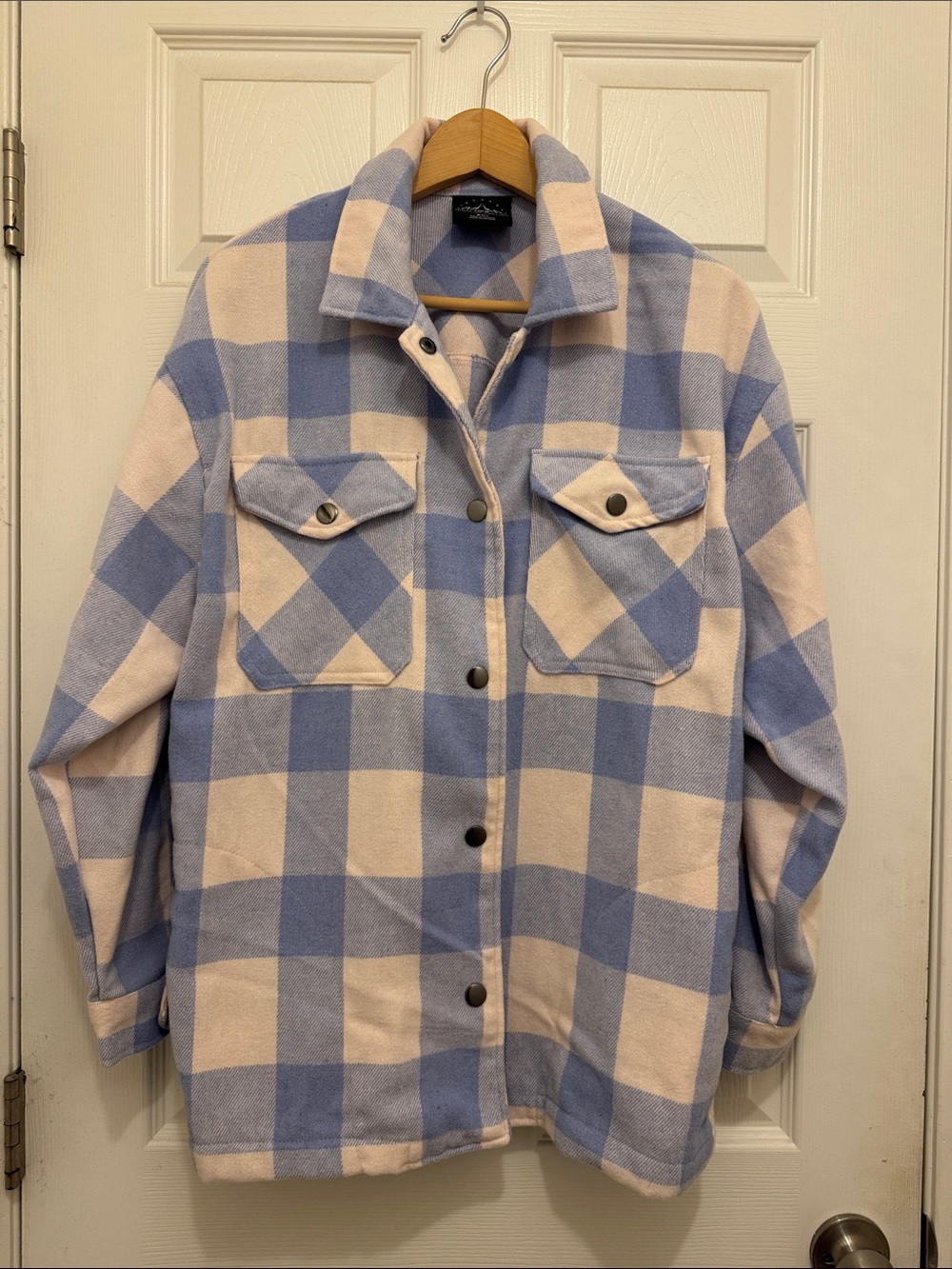 Plaid Shacket Jacket in Light Blue and Cream